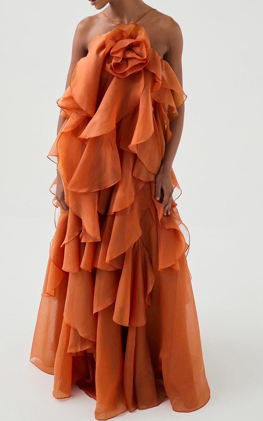 3D Flower Halter Neck Frill Maxi Dress