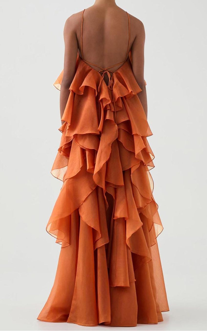 3D Flower Halter Neck Frill Maxi Dress