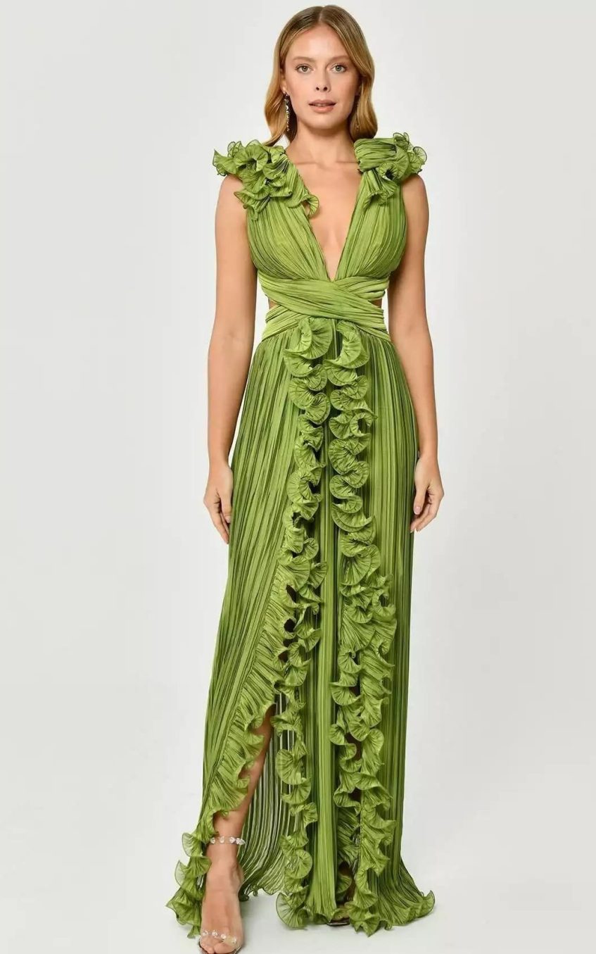 V-Neck Cutout Pleated Split Maxi Dress