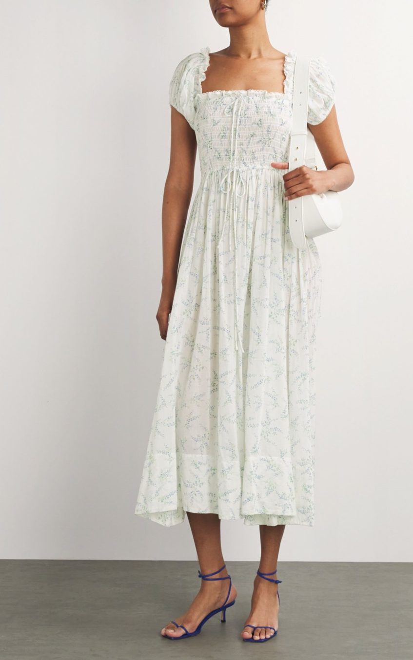 Floral Smocking Puff-Sleeve Midi Dress