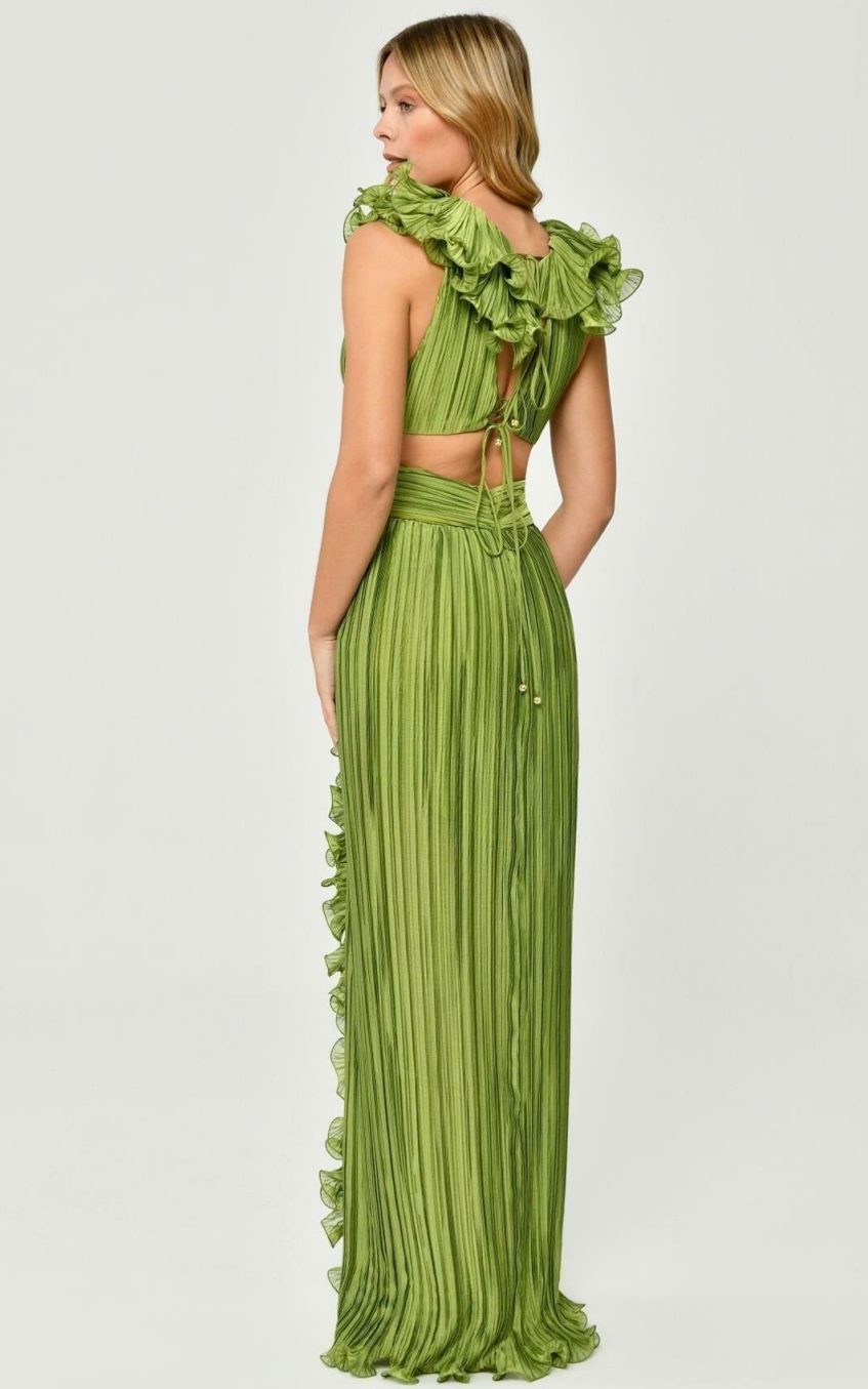 V-Neck Cutout Pleated Split Maxi Dress