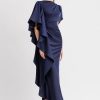 Satin Gathering Ruffle Maxi Dress