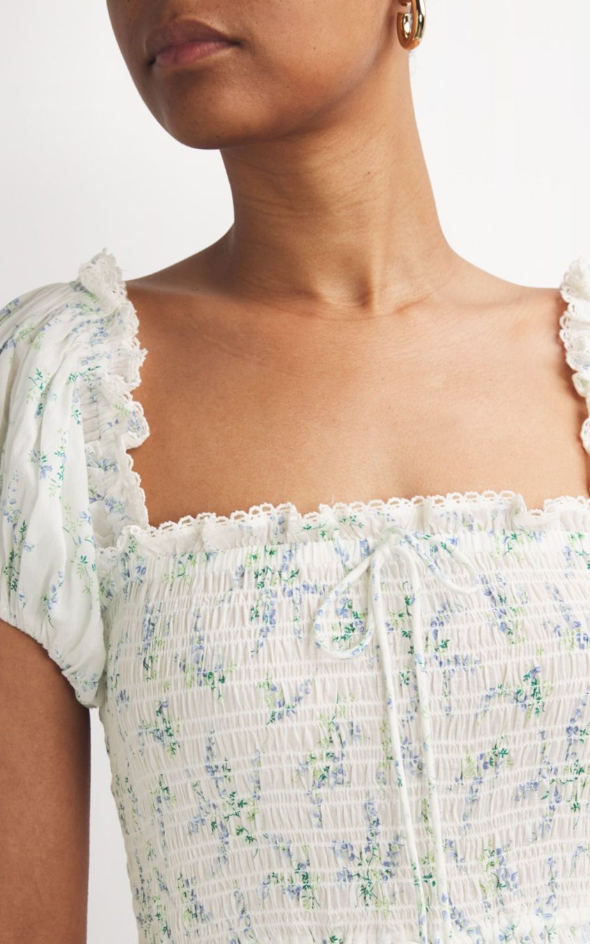 Floral Smocking Puff-Sleeve Midi Dress