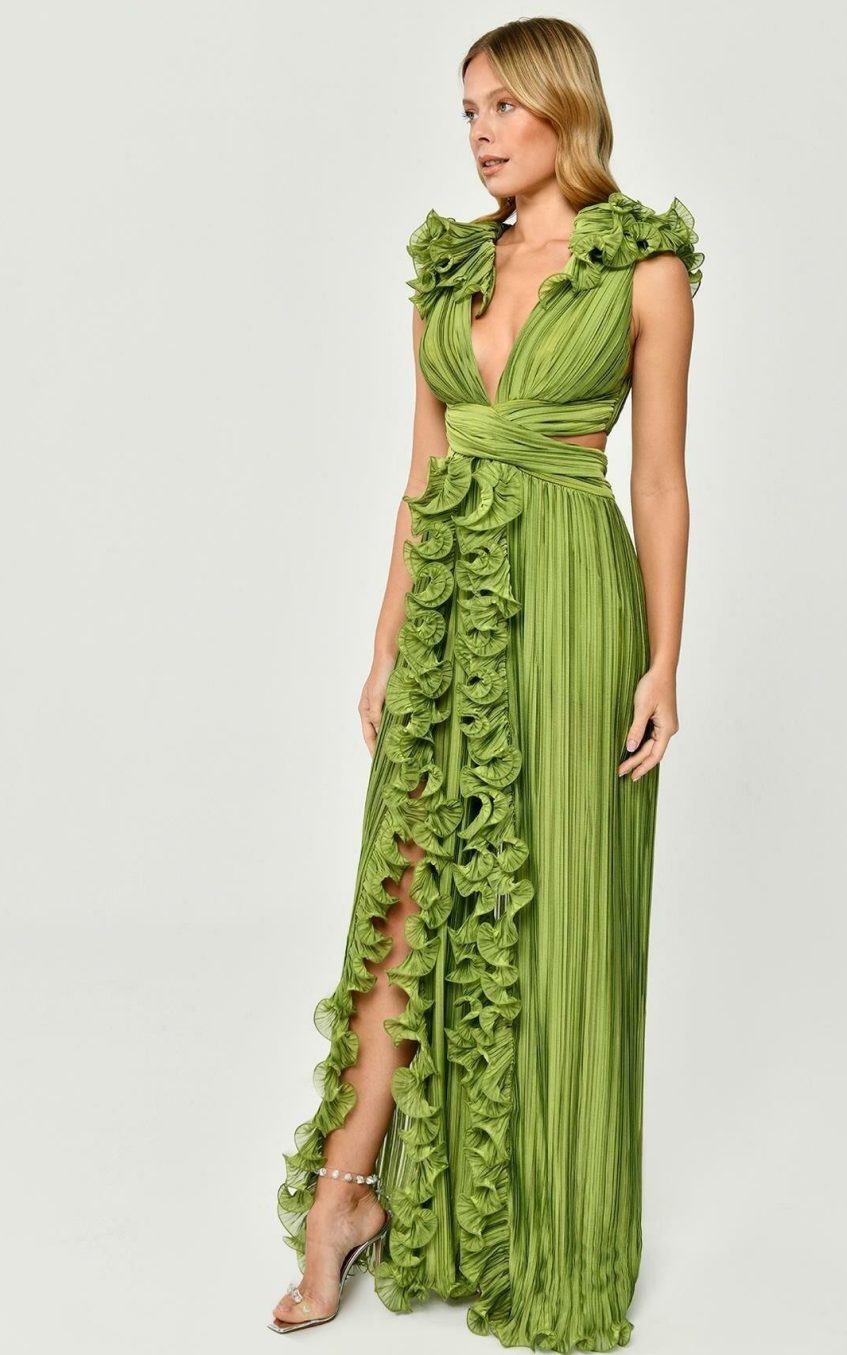 V-Neck Cutout Pleated Split Maxi Dress