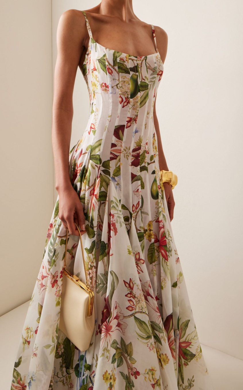Floral Ruched Sweetheart Neckline Maxi Dress