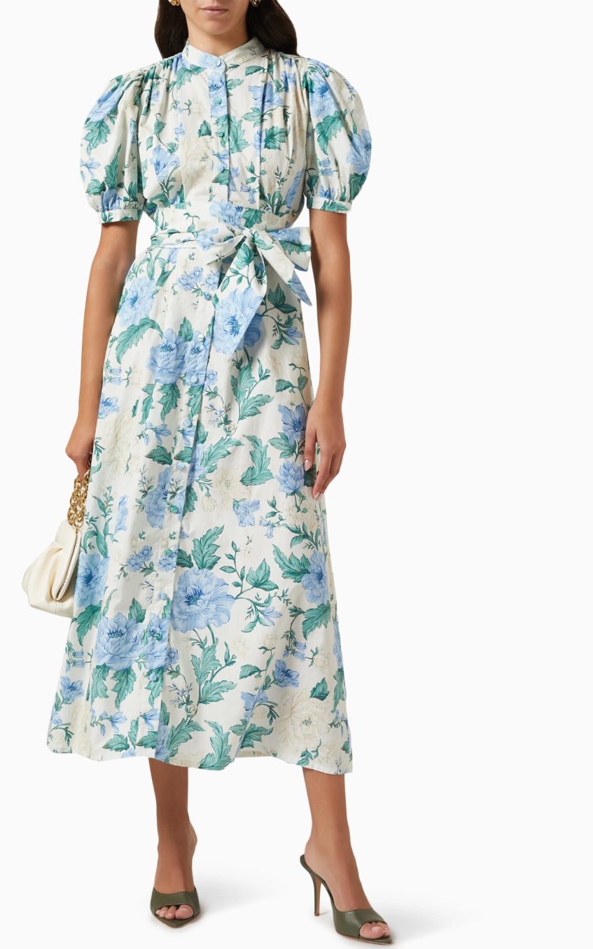 Floral Single Breasted Puff-Sleeve Midi Dress With Belt