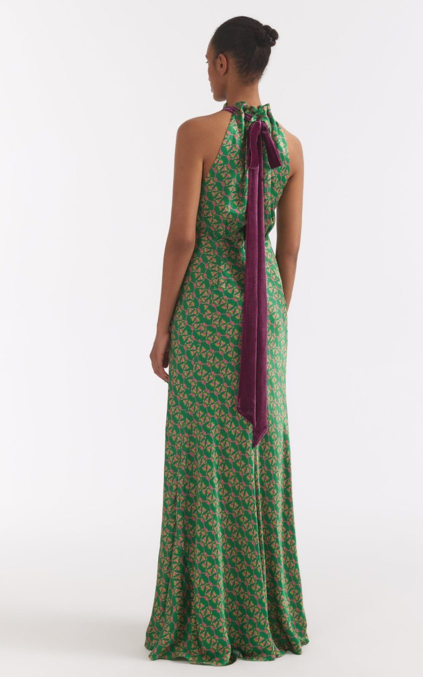 Emerald Reed Print Halter Neck Sleeveless Maxi Dress