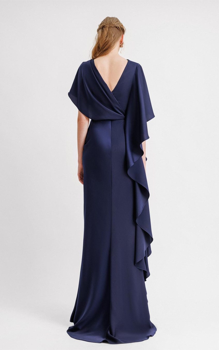 Satin Gathering Ruffle Maxi Dress