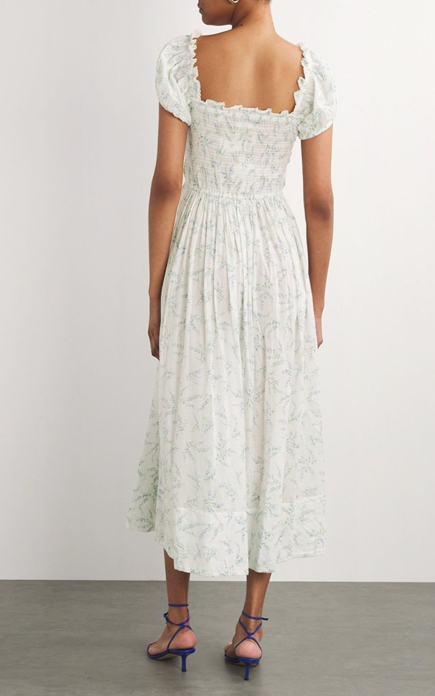 Floral Smocking Puff-Sleeve Midi Dress