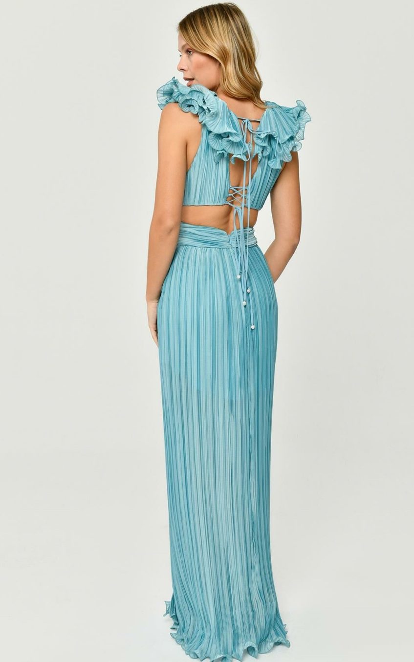 V-Neck Cutout Pleated Split Maxi Dress Green