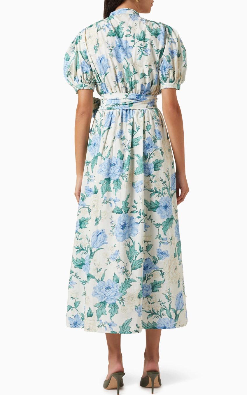 Floral Single Breasted Puff-Sleeve Midi Dress With Belt
