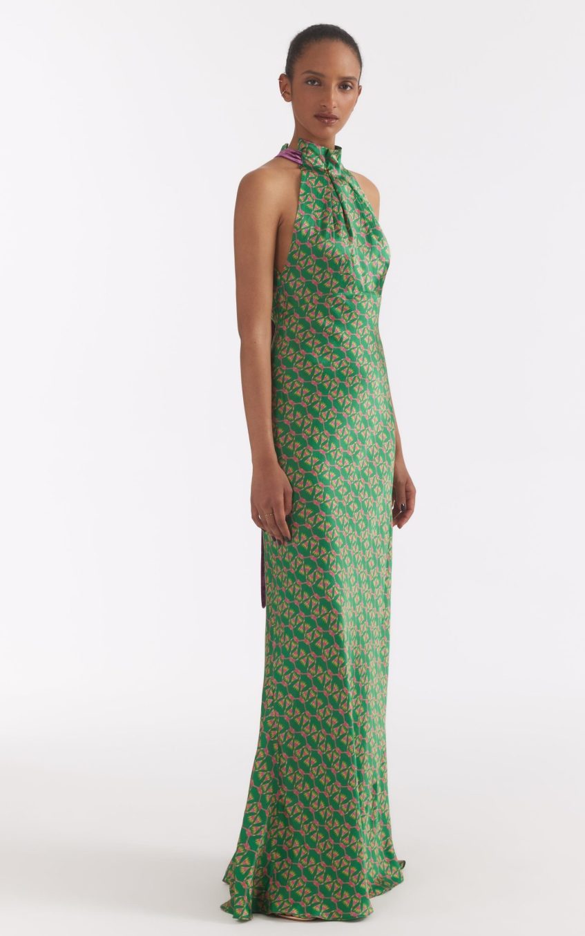 Emerald Reed Print Halter Neck Sleeveless Maxi Dress