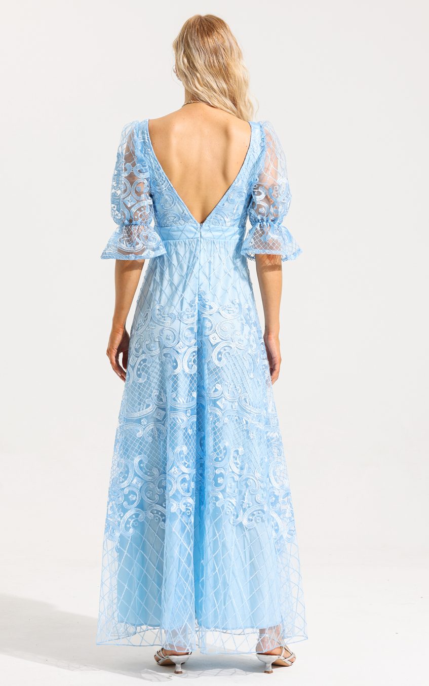 Lace Sweetheart Neck Puff Sleeve Bodycon Maxi Dress