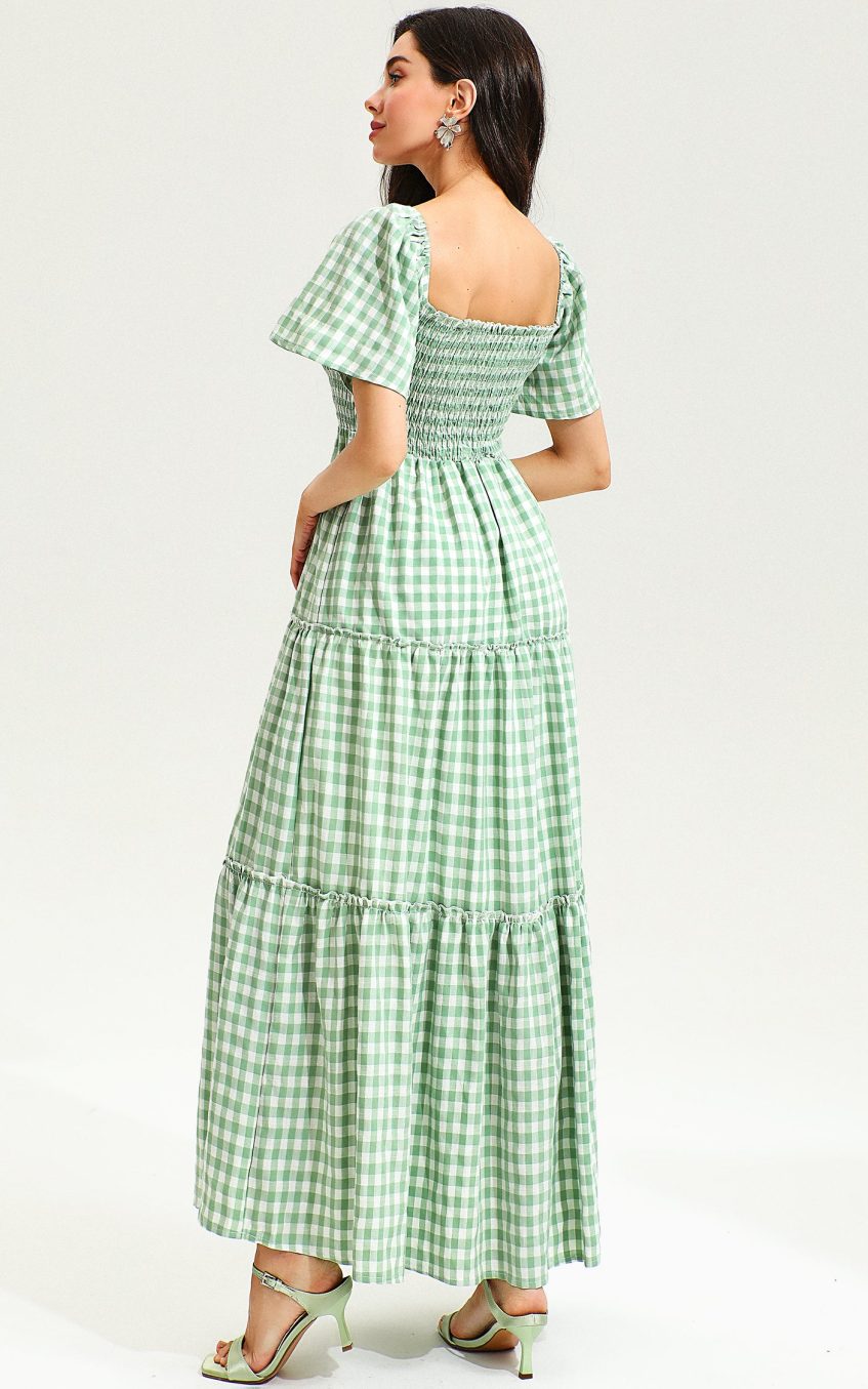 Puff Sleeve Square Collar Lattice Midi Dress Green
