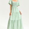 Puff Sleeve Square Collar Lattice Midi Dress Green