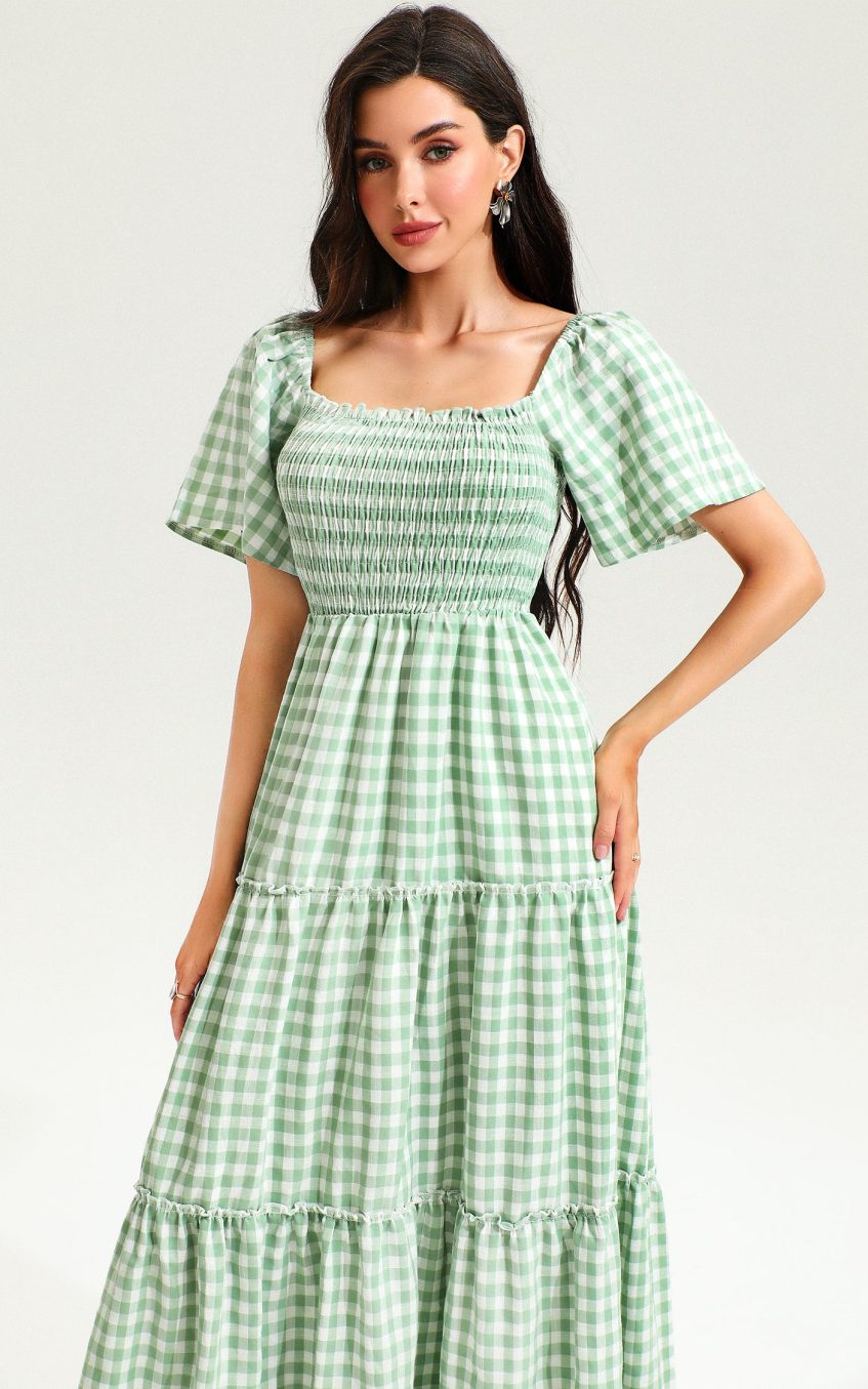Puff Sleeve Square Collar Lattice Midi Dress Green