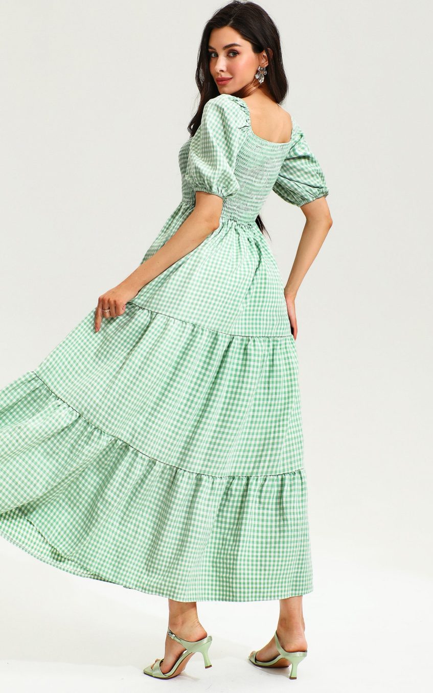 Lattice Short Sleeve Square Collar Smocked Elastic Midi Dress