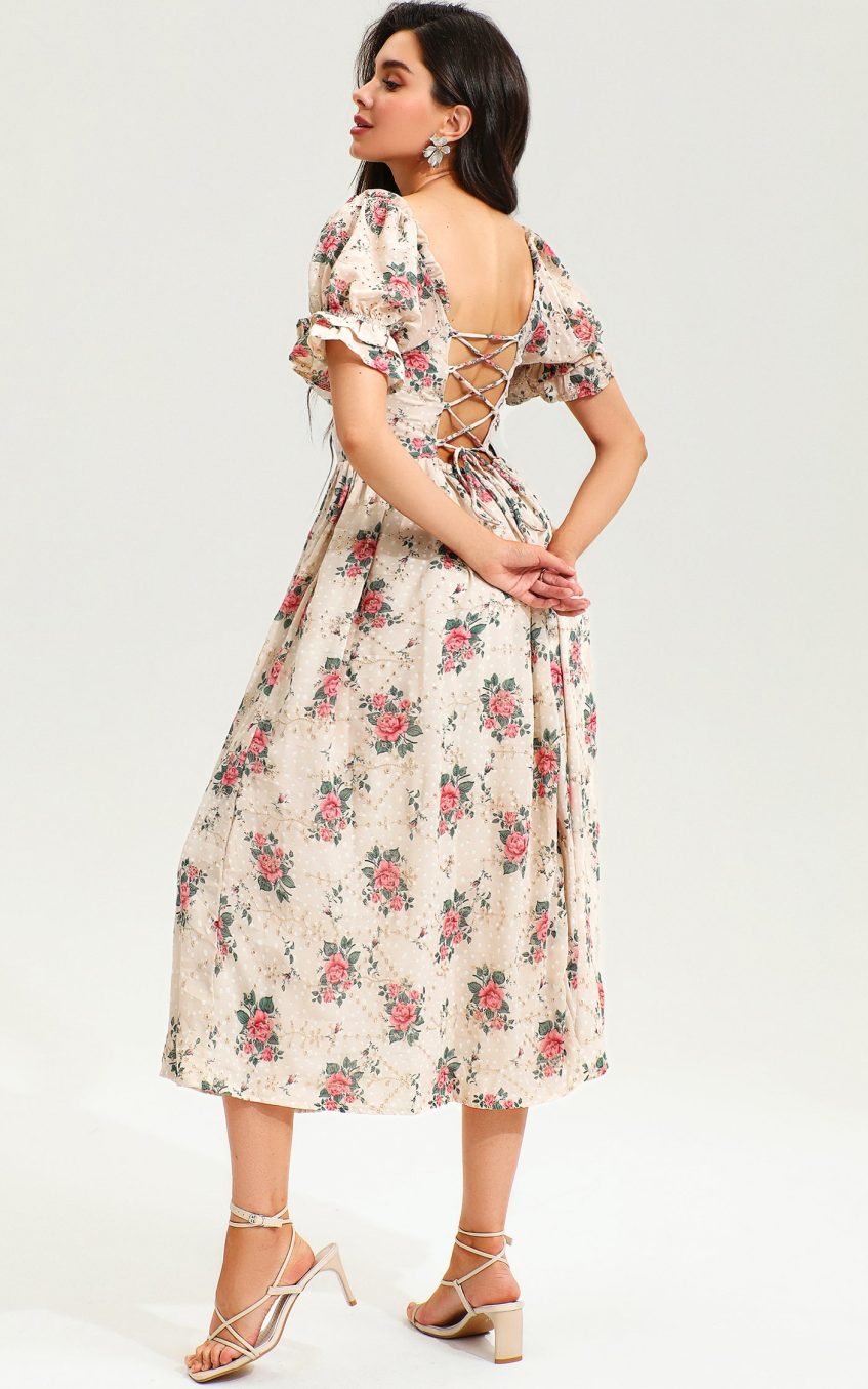 Floral Puff Sleeve Corset Backless Lace Up Slit Midi Dress Pink