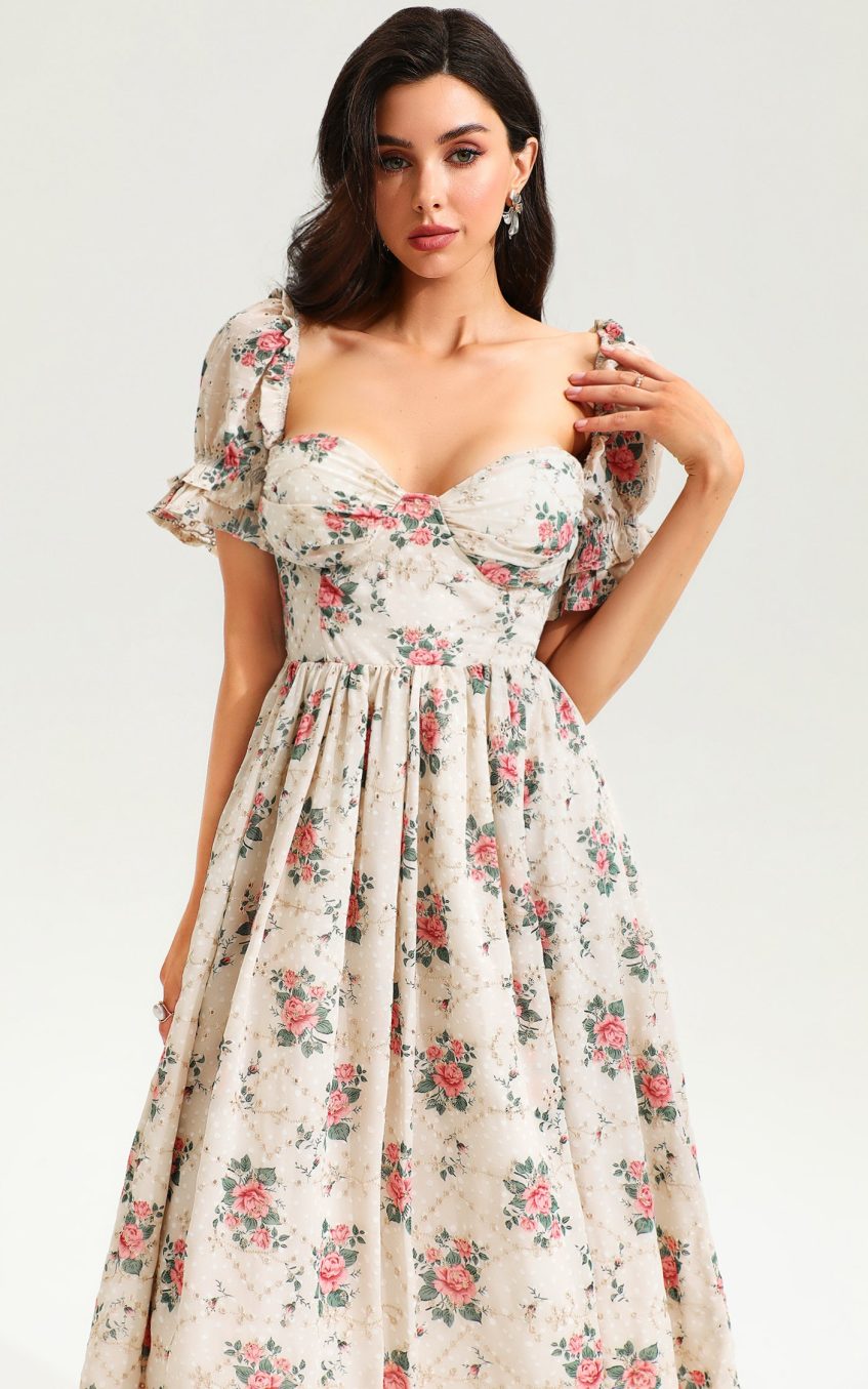 Floral Puff Sleeve Corset Backless Lace Up Slit Midi Dress Pink