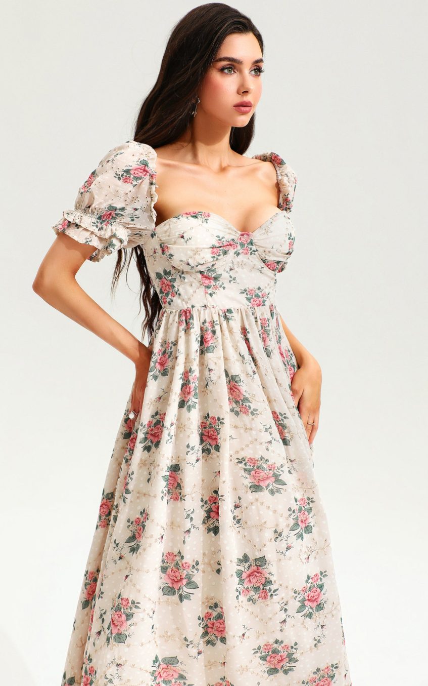 Floral Puff Sleeve Corset Backless Lace Up Slit Midi Dress Pink