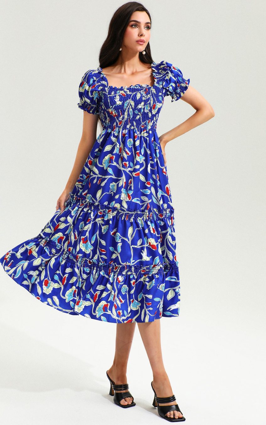 Square Neck Print Short Sleeves Midi Dress