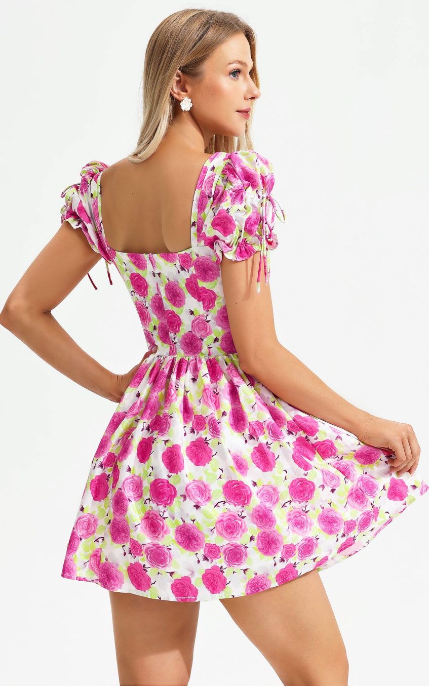 Floral Backless Short Sleeve Dress Pink