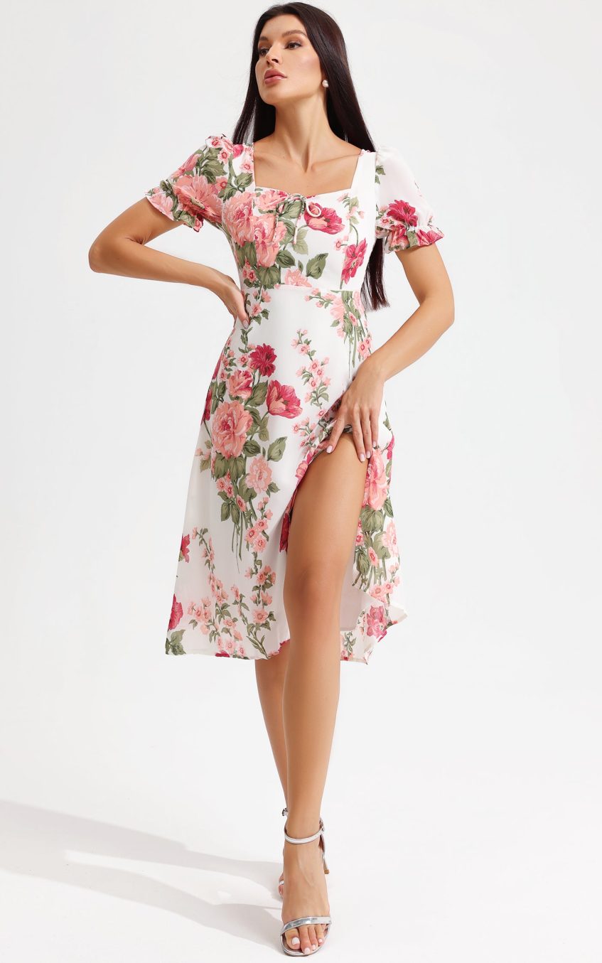 Floral Puff Sleeve Square Collar Slit Midi Dress