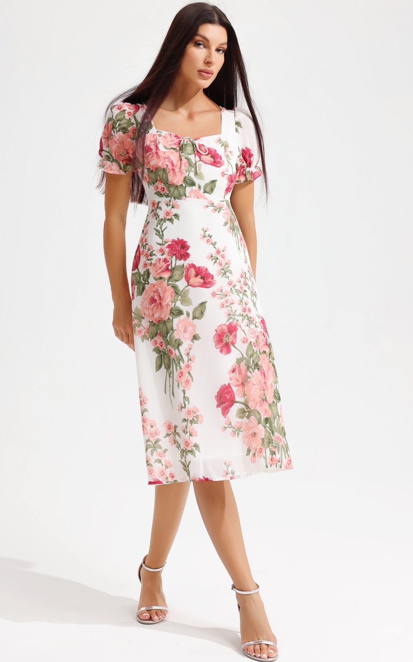 Floral Puff Sleeve Square Collar Slit Midi Dress