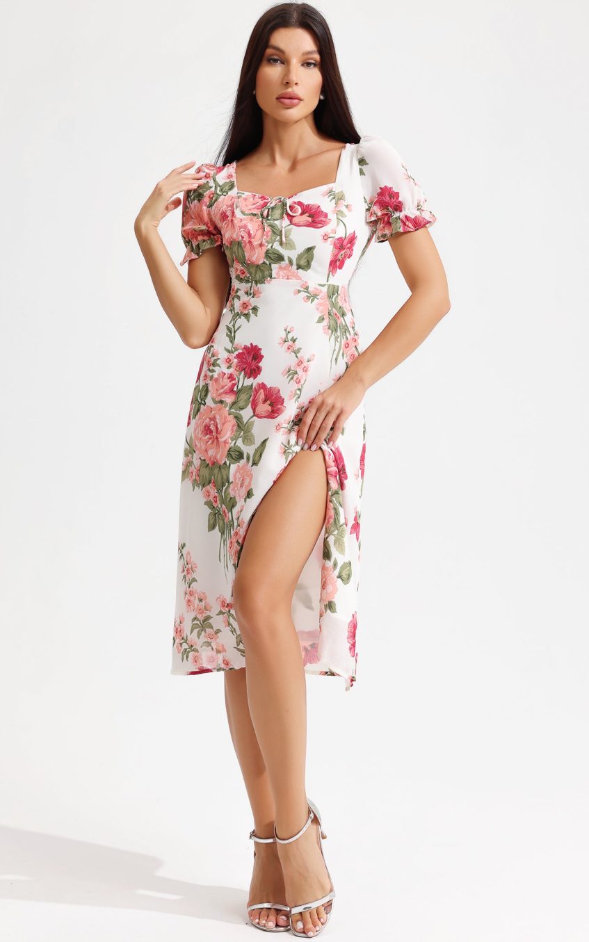 Floral Puff Sleeve Square Collar Slit Midi Dress