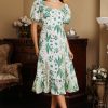 Floral Puff Sleeve Square Collar Slit Midi Dress Green