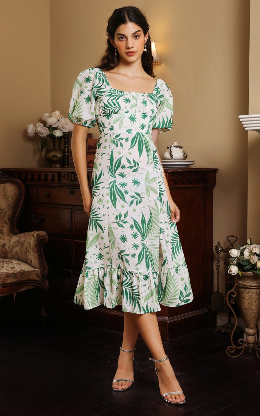 Floral Puff Sleeve Square Collar Slit Midi Dress Green