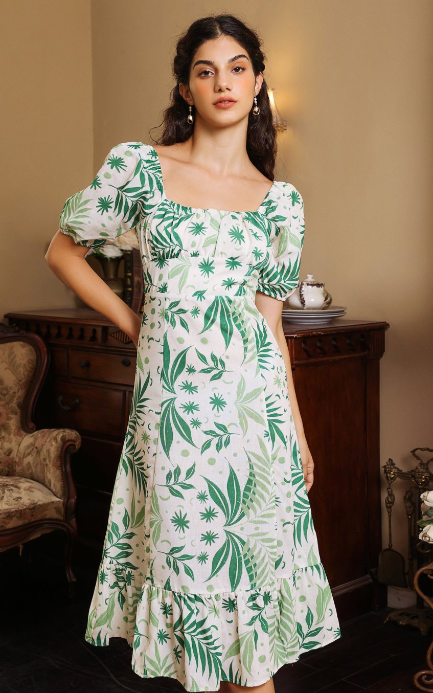 Floral Puff Sleeve Square Collar Slit Midi Dress Green