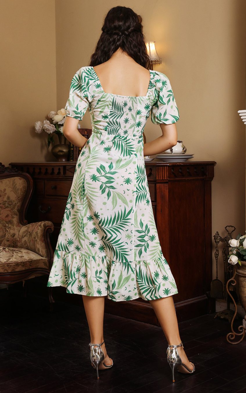 Floral Puff Sleeve Square Collar Slit Midi Dress Green