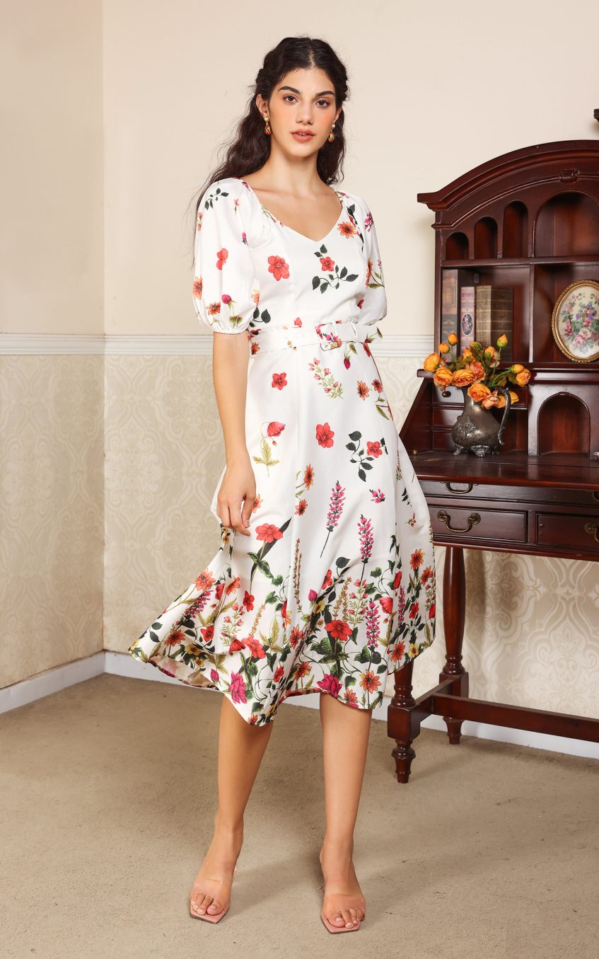 Floral Puff Sleeve V-Neck Belted Midi Dress