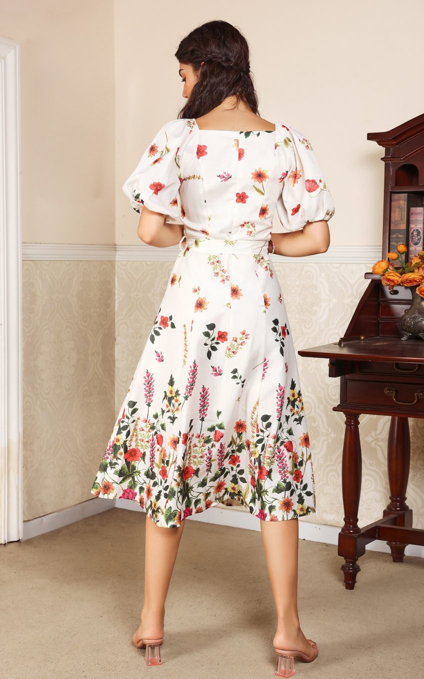 Floral Puff Sleeve V-Neck Belted Midi Dress