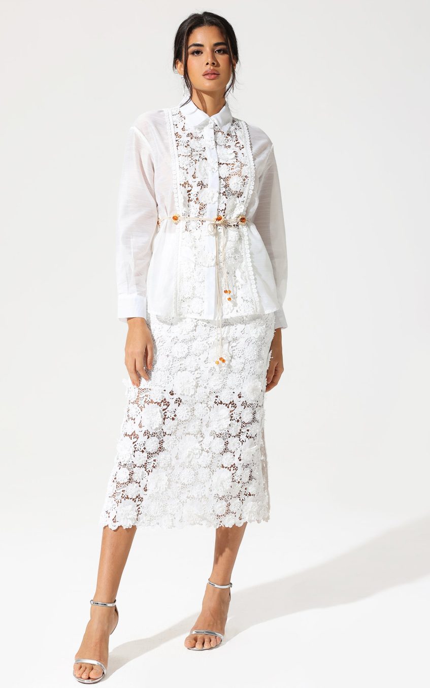 Long Sleeve Lace Cut-Out Slit Dress Suit White