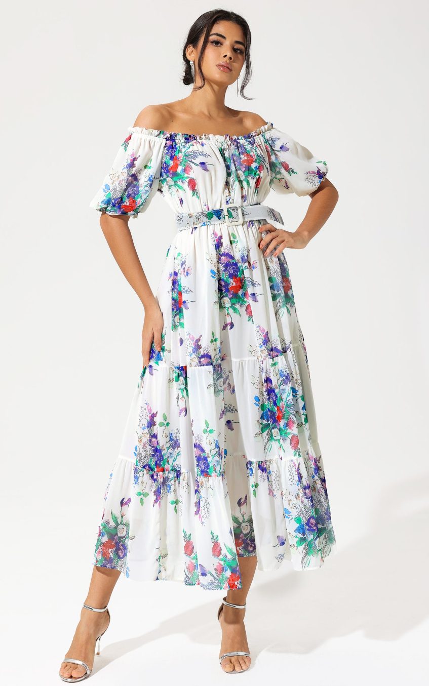 Floral Puff Sleeve Off-Shoulder Ruffle Hem Maxi Dress