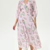Floral Lantern Sleeve V-Neck Belted  Lattice Flower Midi Dress