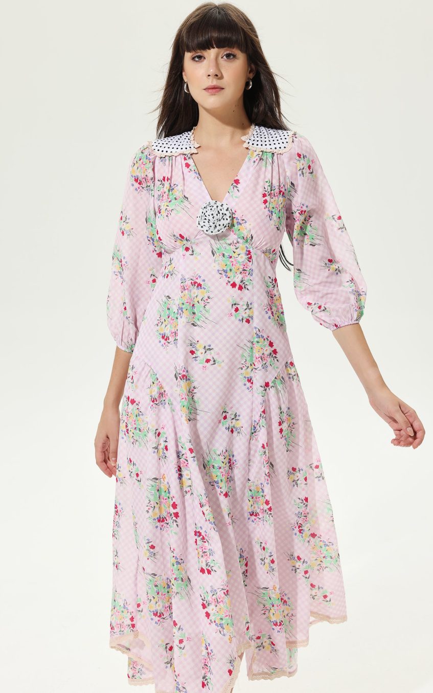 Floral Lantern Sleeve V-Neck Belted  Lattice Flower Midi Dress
