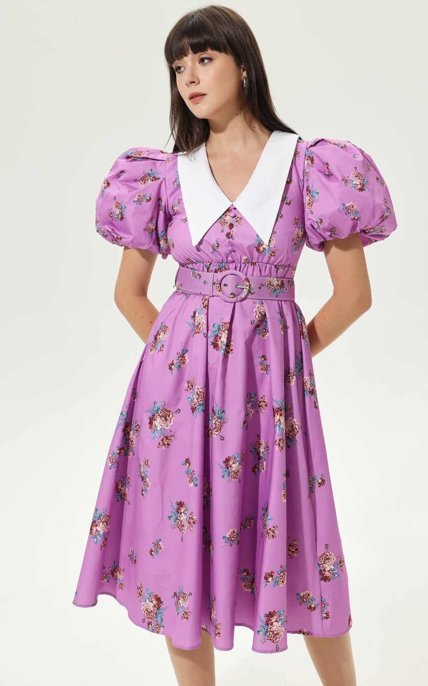 Floral Puff Sleeves V-neck Tapered Waist Midi Dress