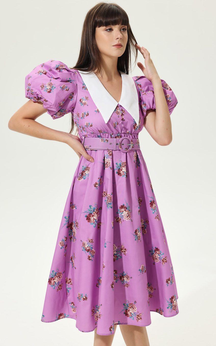 Floral Puff Sleeves V-neck Tapered Waist Midi Dress