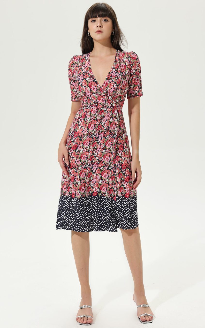 Floral Puff Sleeve V-Neck Wrapover Belted Midi Dress