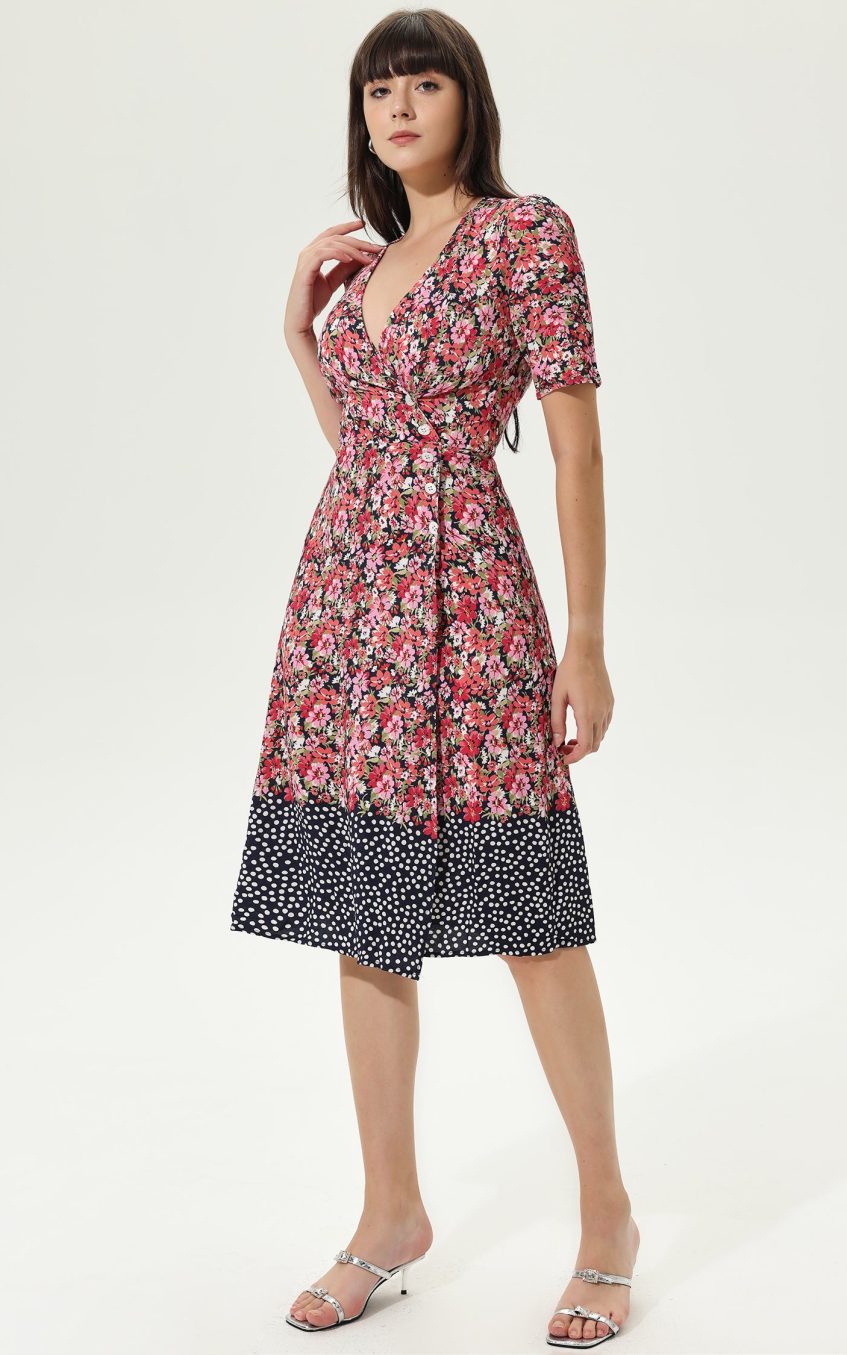 Floral Puff Sleeve V-Neck Wrapover Belted Midi Dress