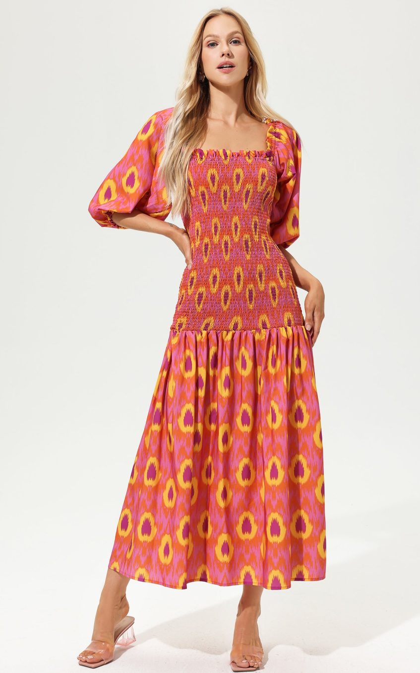 Lantern Sleeve Off-Shoulder Smocked Elastic Midi Dress