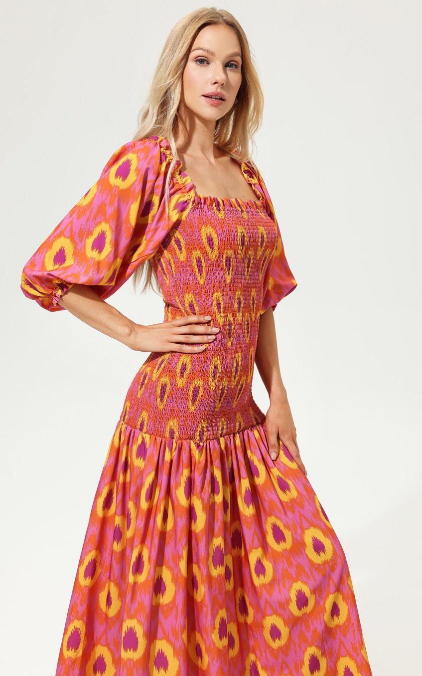 Lantern Sleeve Off-Shoulder Smocked Elastic Midi Dress