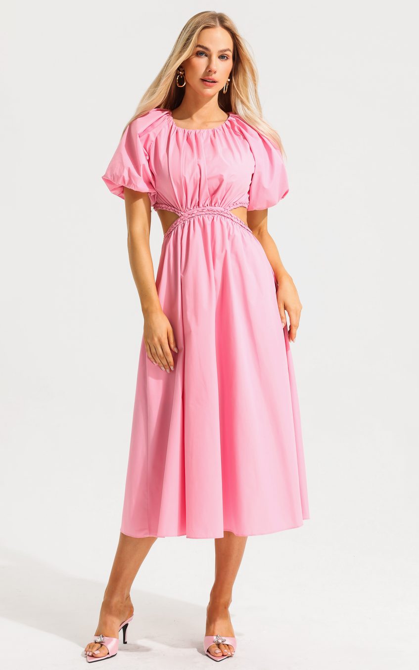 Capucine Puff Sleeve Midi Dress Pink