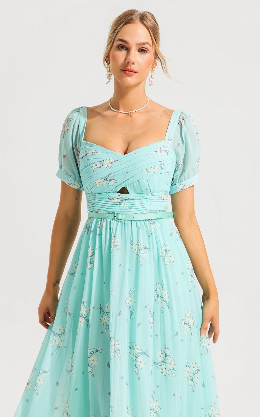 Square Collar Pleated Midi Dress With Belt