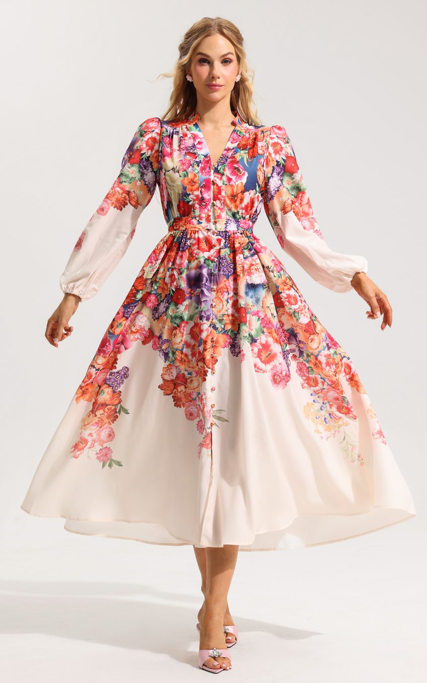 Floral Lantern Sleeve Midi Dress