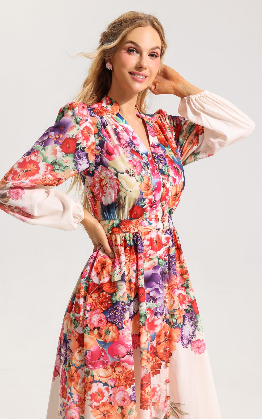 Floral Lantern Sleeve Midi Dress
