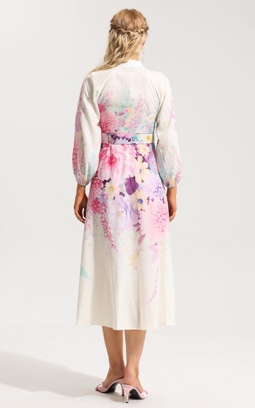 Floral Bottom Lantern Sleeve Midi Dress With Belt